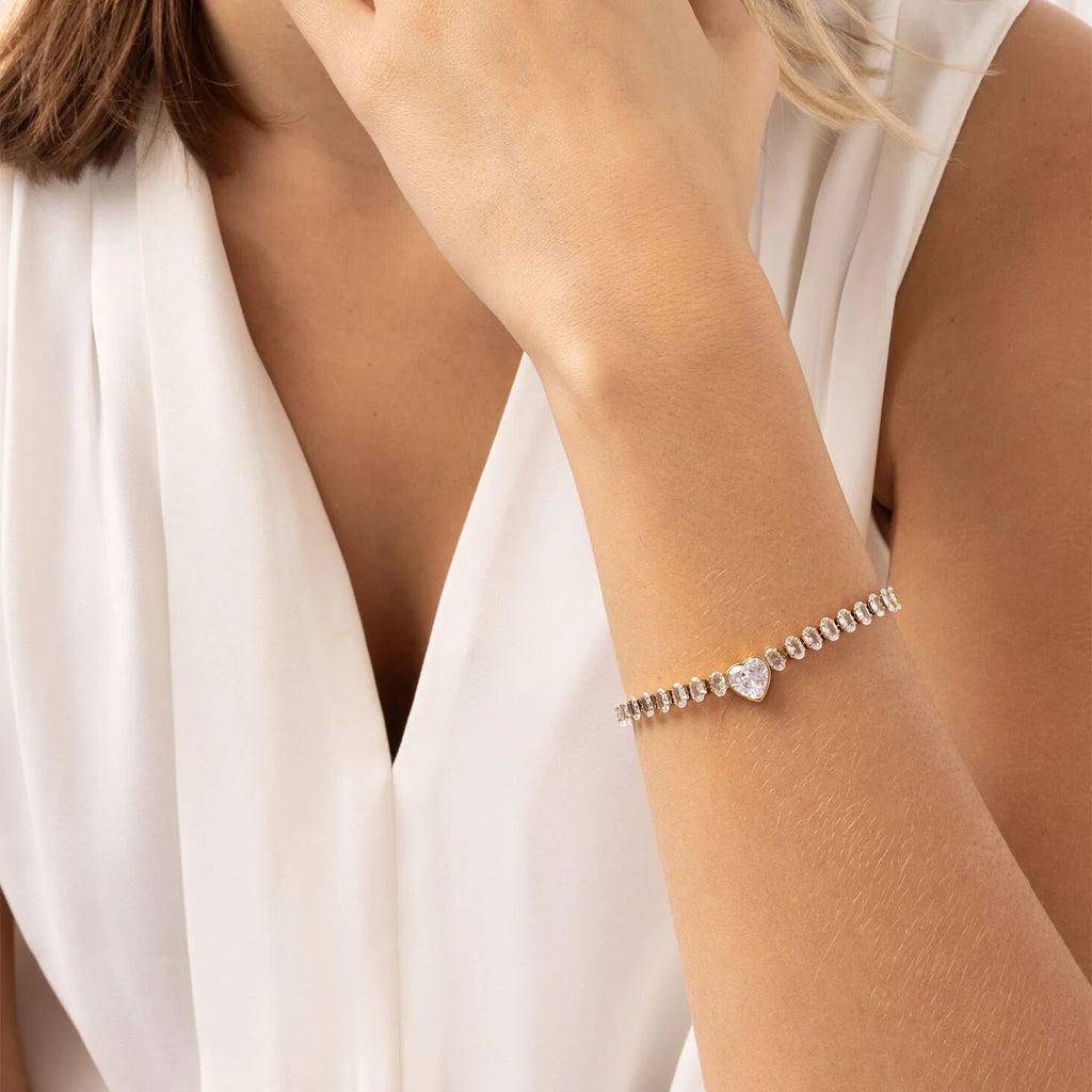 Gold Tennis Bracelet – 18K PVD Stainless Steel Heart CZ Marquis Cut Stone