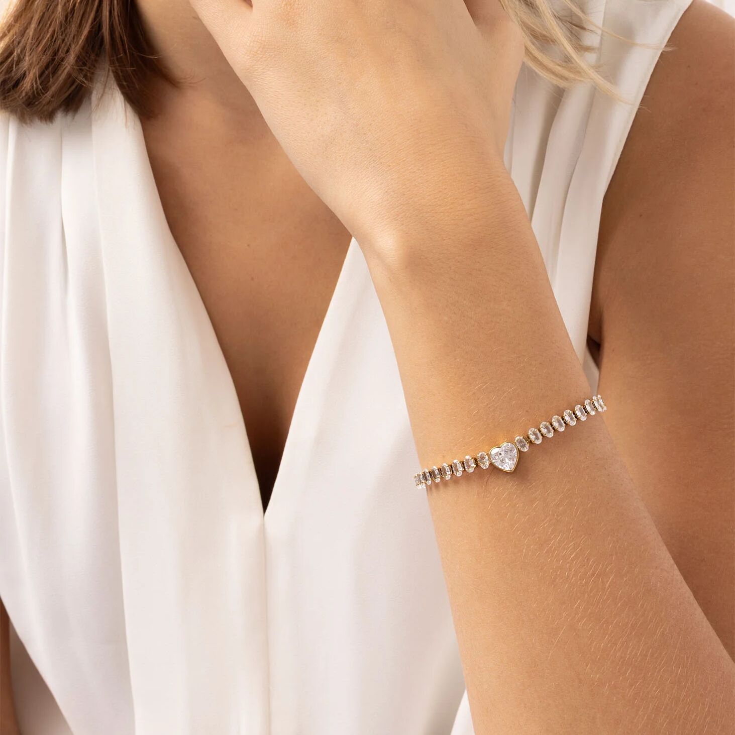 Gold Tennis Bracelet – 18K PVD Stainless Steel Heart CZ Marquis Cut Stone