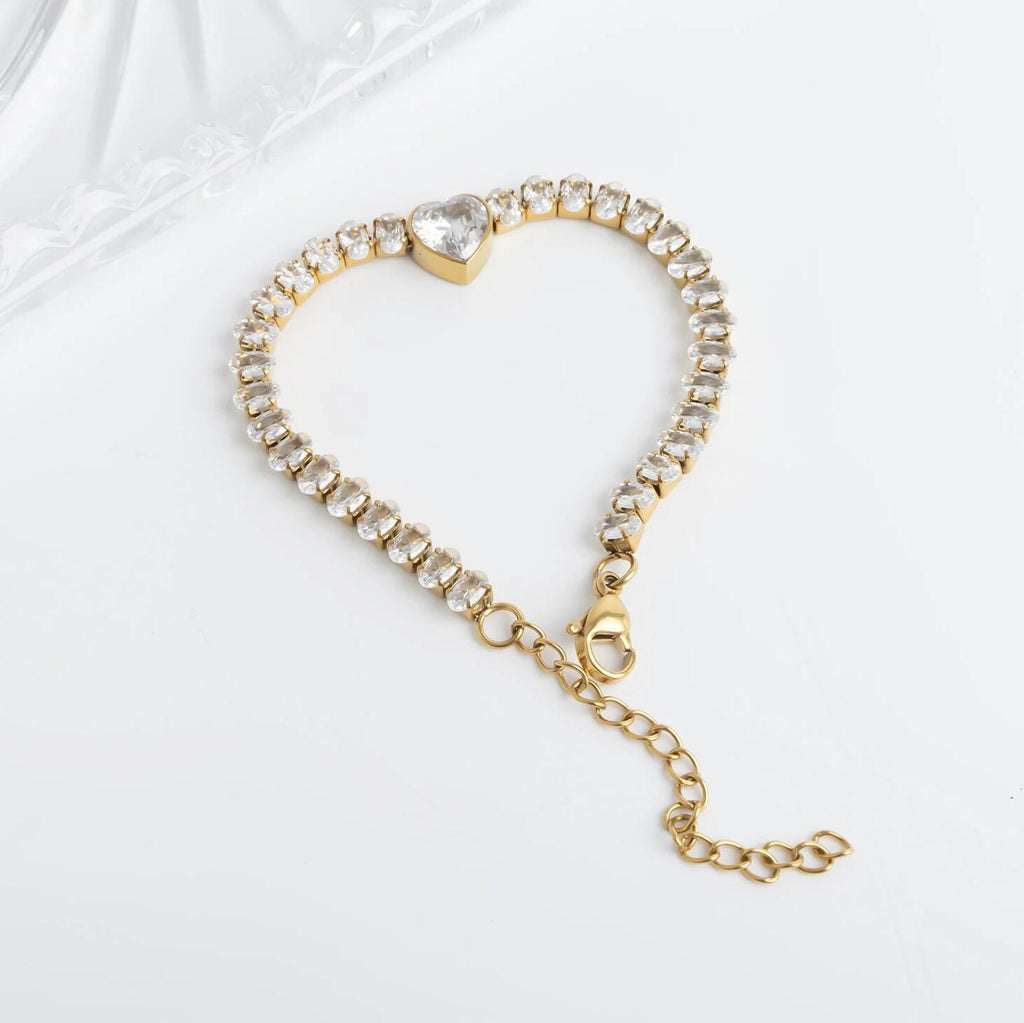 Gold Tennis Bracelet – 18K PVD Stainless Steel Heart CZ Marquis Cut Stone