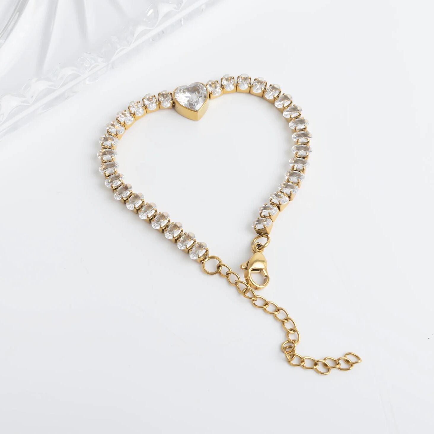 Gold Tennis Bracelet – 18K PVD Stainless Steel Heart CZ Marquis Cut Stone