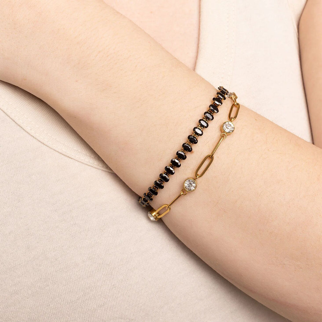 Gold Stone Bracelet – 18K Gold Jewelry With Black Oval Stone & Adjustable Chain