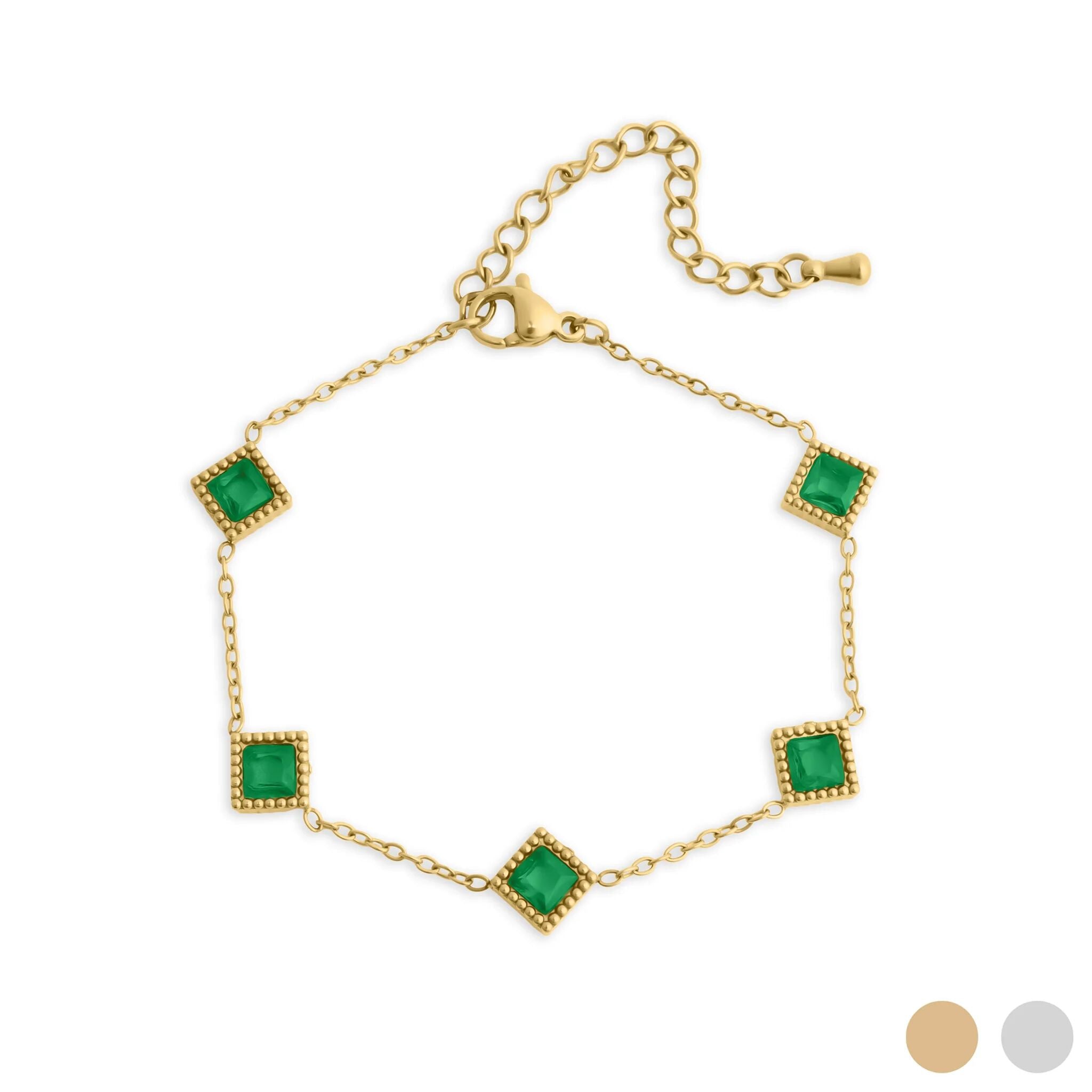 Emerald Stone Bracelet – 18K Gold Stainless Steel Station Bracelet With Adjustable Chain