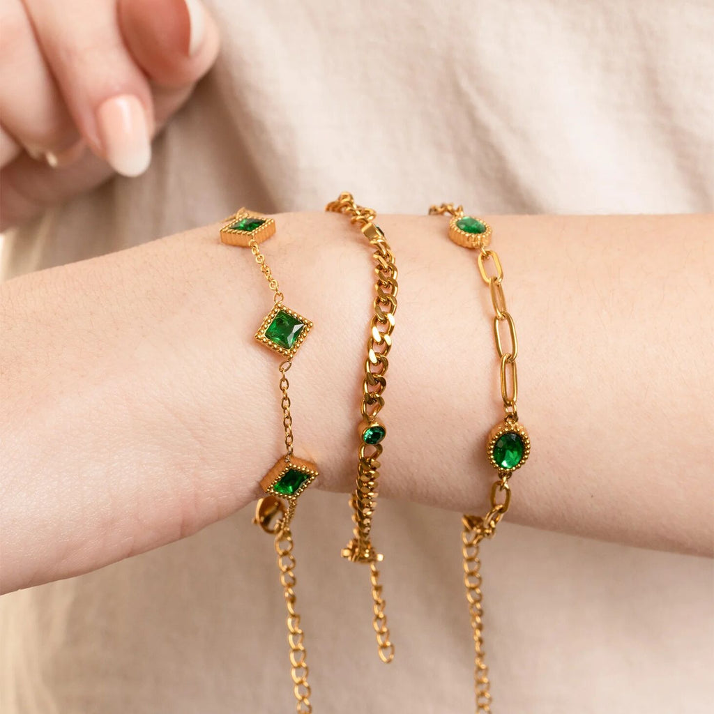 Emerald Stone Bracelet – 18K Gold Stainless Steel Station Bracelet With Adjustable Chain