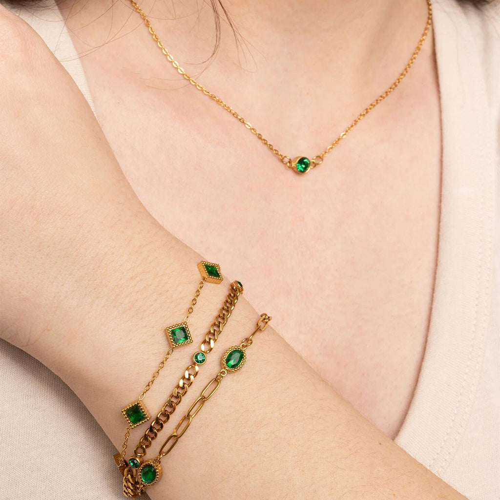 Emerald Stone Bracelet – 18K Gold Stainless Steel Station Bracelet With Adjustable Chain