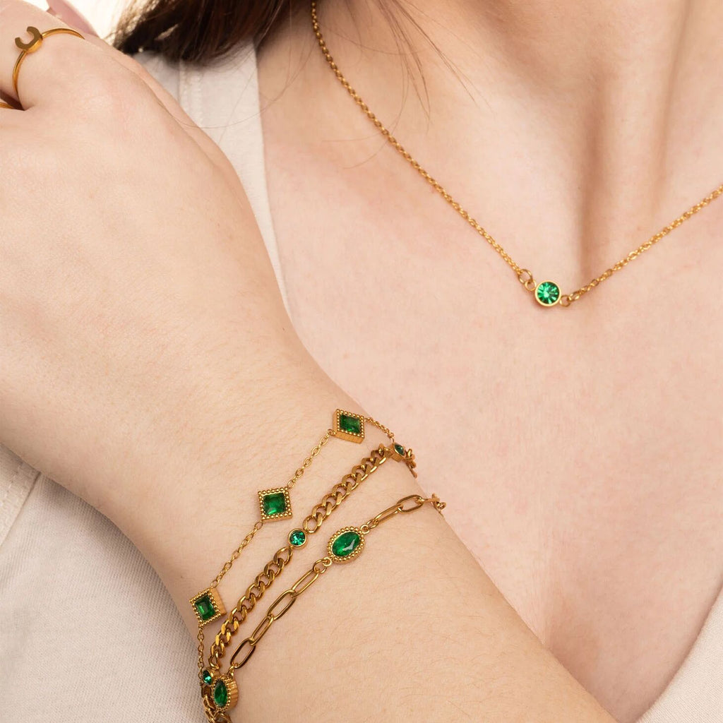 Emerald Stone Bracelet – 18K Gold Stainless Steel Station Bracelet With Adjustable Chain