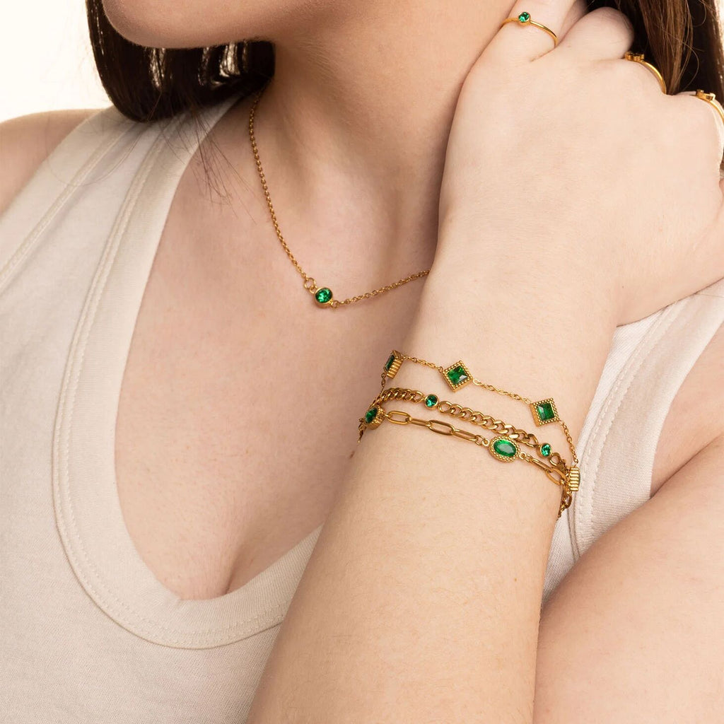 Emerald Stone Bracelet – 18K Gold Stainless Steel Station Bracelet With Adjustable Chain