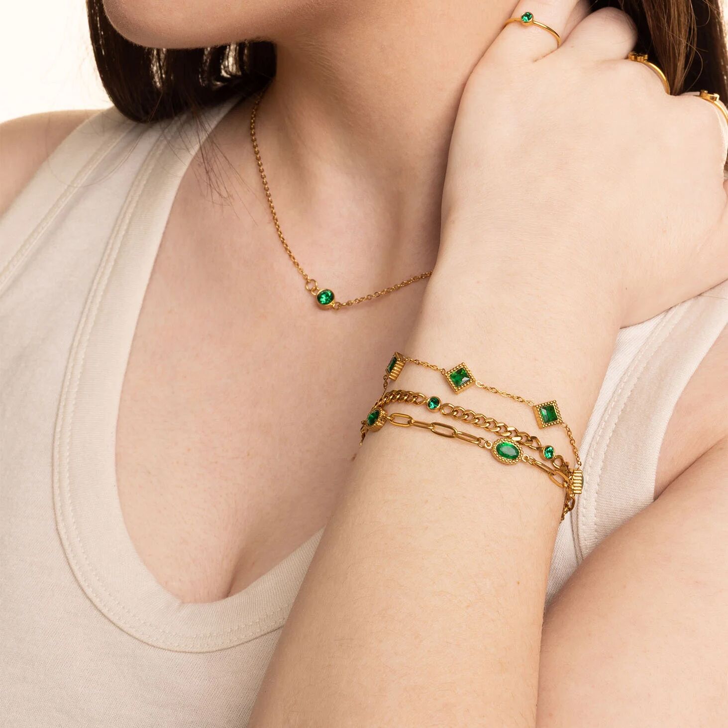 Emerald Stone Bracelet – 18K Gold Stainless Steel Station Bracelet With Adjustable Chain