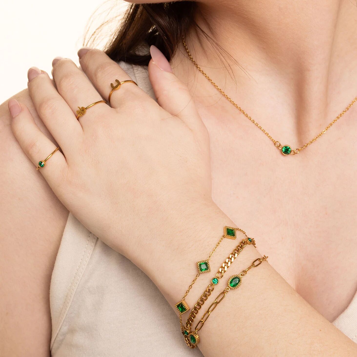 Emerald Stone Bracelet – 18K Gold Stainless Steel Station Bracelet With Adjustable Chain