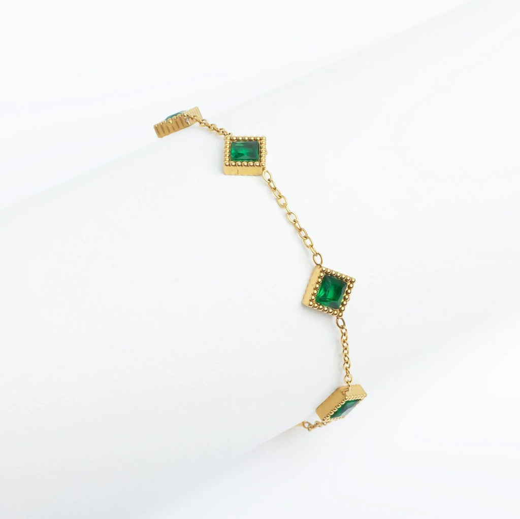 Emerald Stone Bracelet – 18K Gold Stainless Steel Station Bracelet With Adjustable Chain
