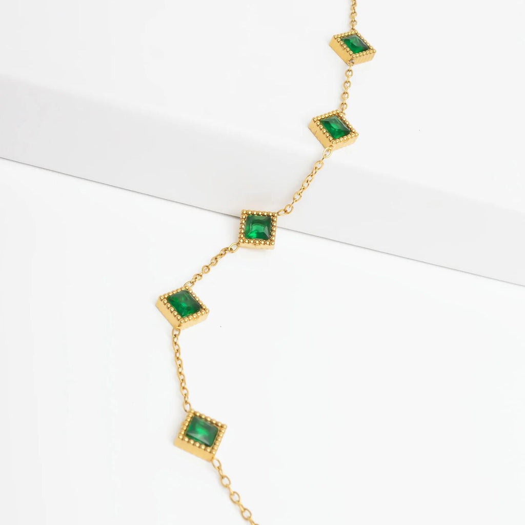 Emerald Stone Bracelet – 18K Gold Stainless Steel Station Bracelet With Adjustable Chain