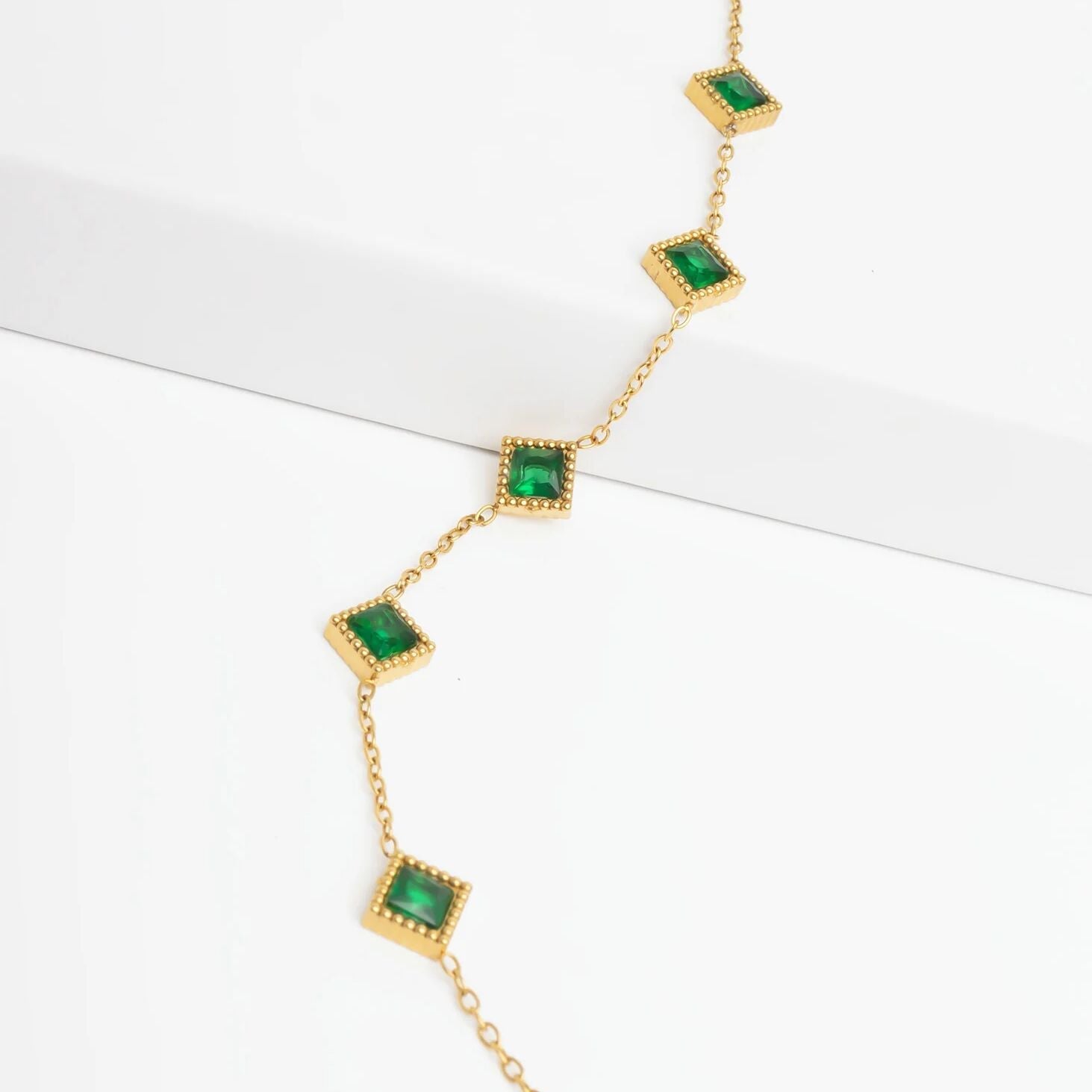 Emerald Stone Bracelet – 18K Gold Stainless Steel Station Bracelet With Adjustable Chain