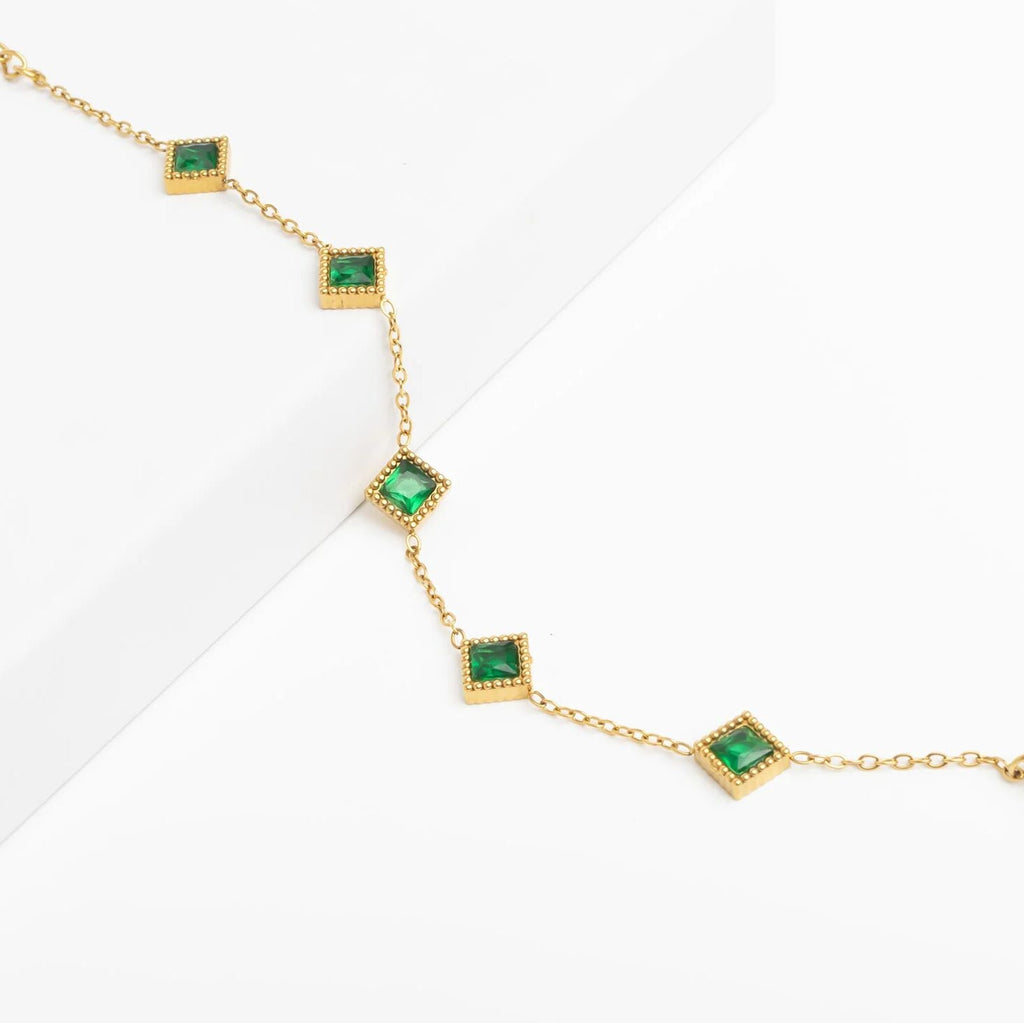 Emerald Stone Bracelet – 18K Gold Stainless Steel Station Bracelet With Adjustable Chain