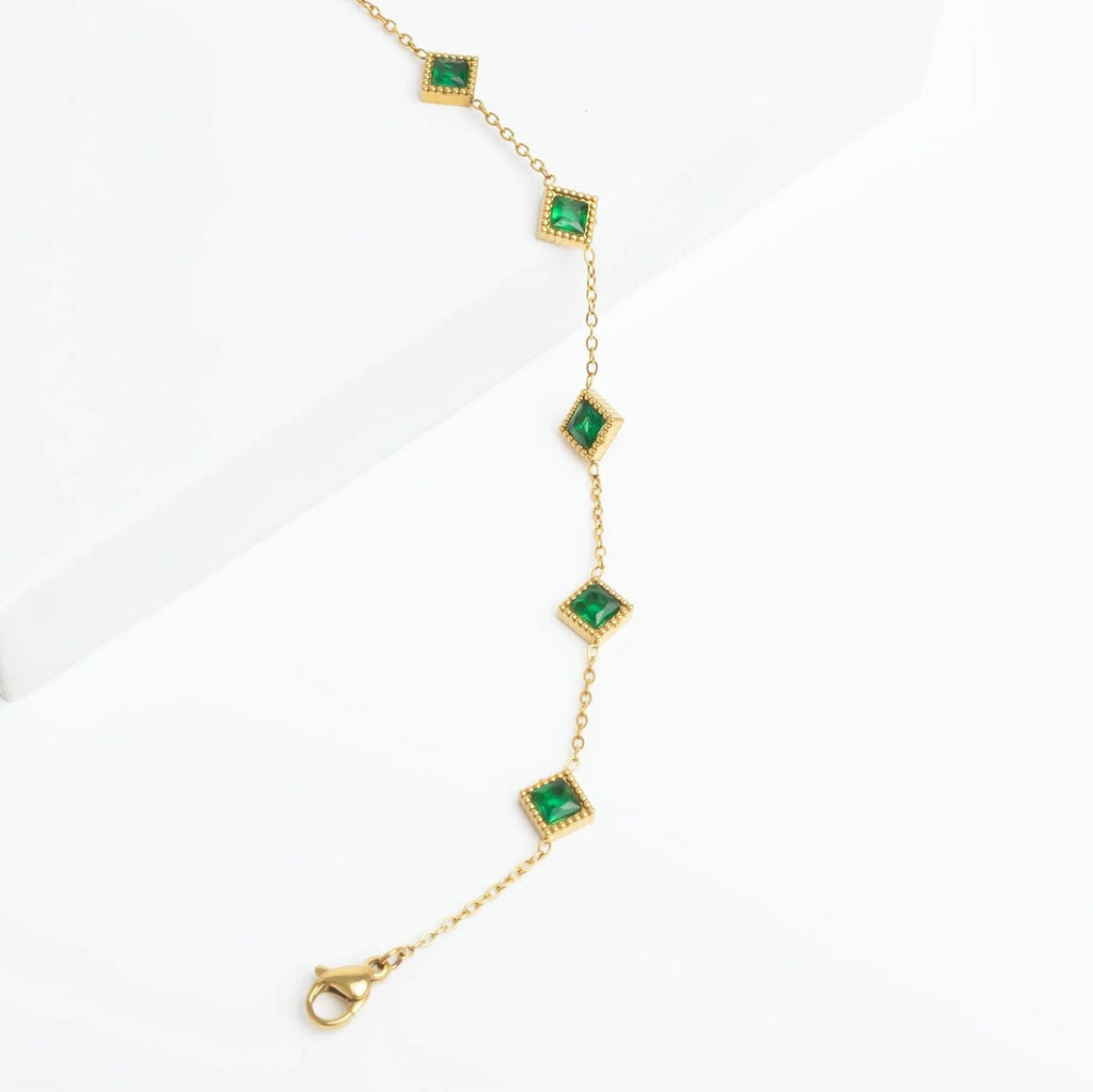 Emerald Stone Bracelet – 18K Gold Stainless Steel Station Bracelet With Adjustable Chain