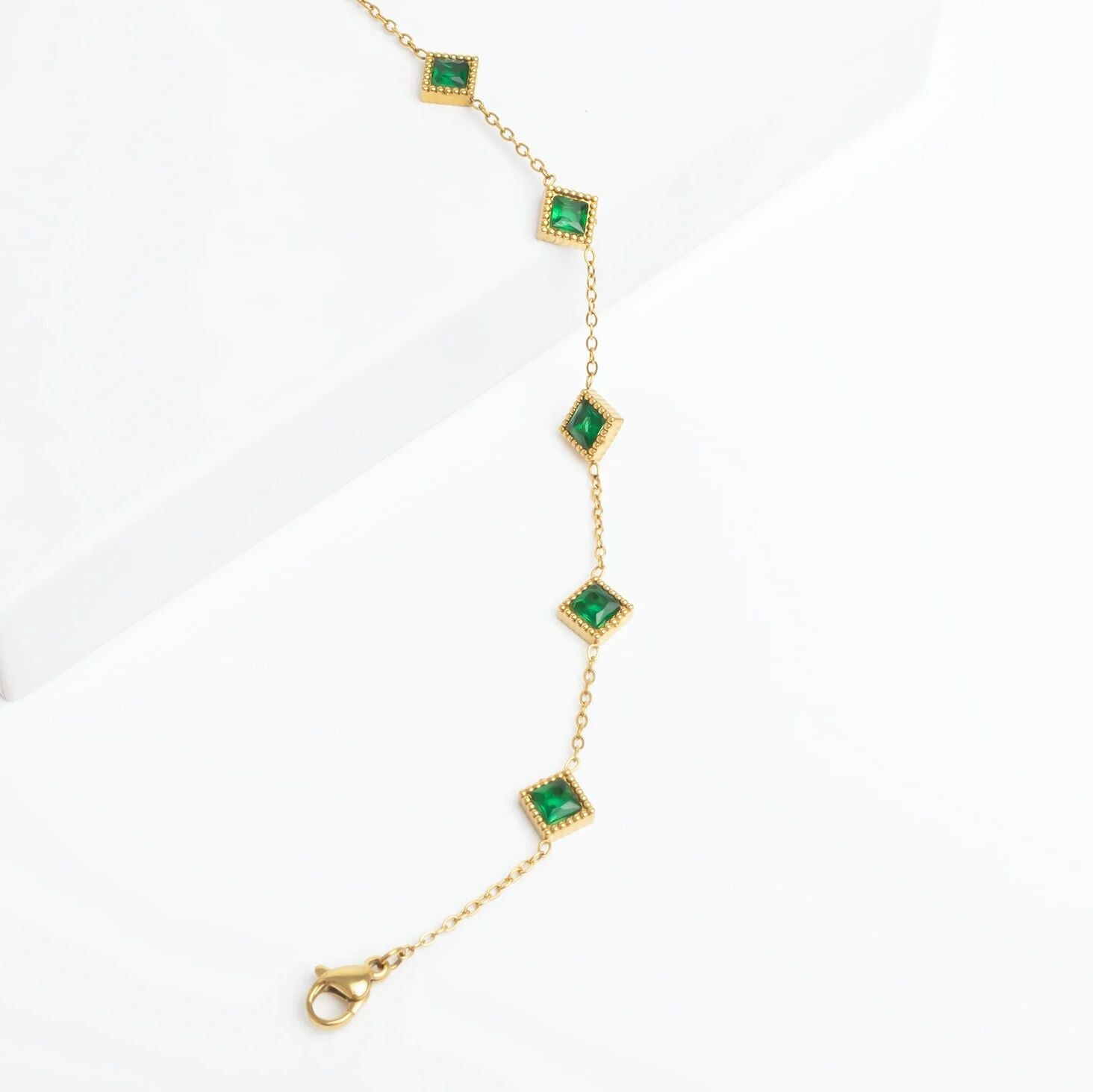 Emerald Stone Bracelet – 18K Gold Stainless Steel Station Bracelet With Adjustable Chain