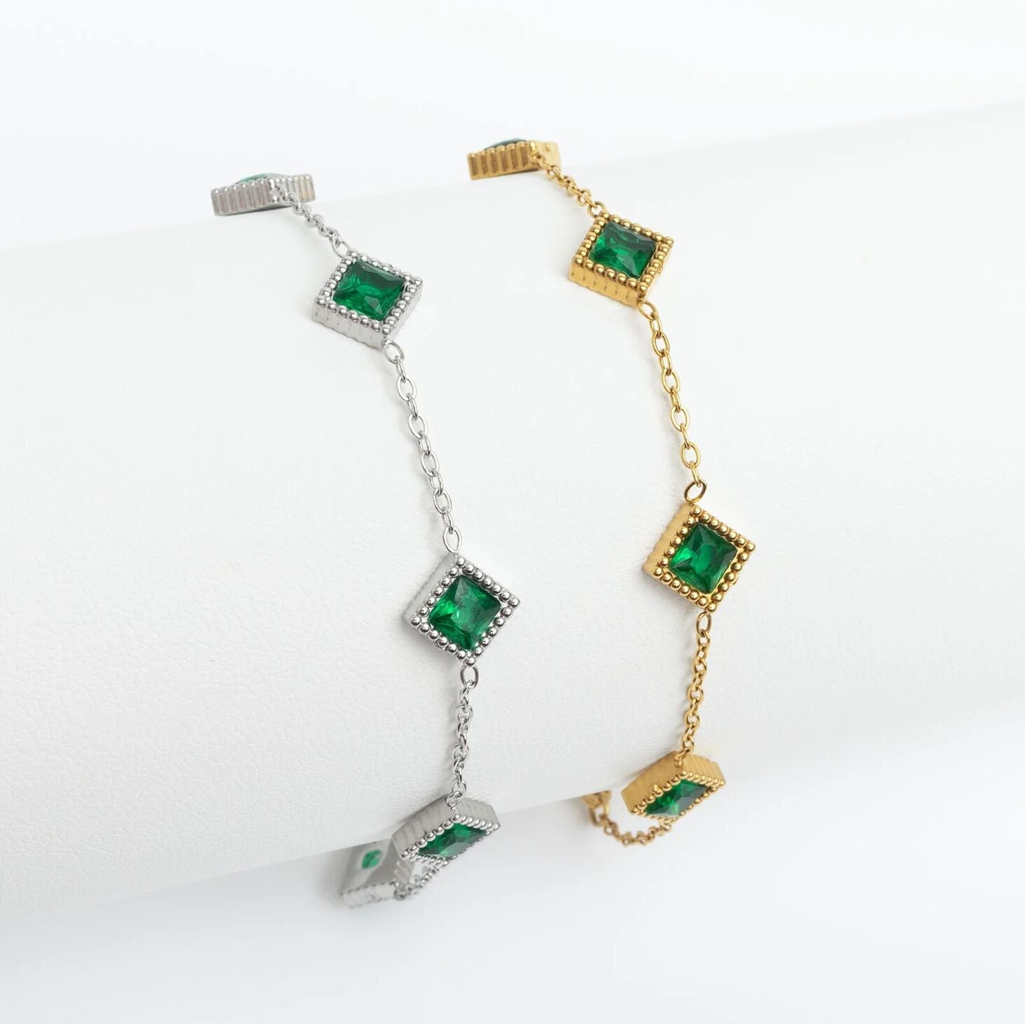 Emerald Stone Bracelet – 18K Gold Stainless Steel Station Bracelet With Adjustable Chain