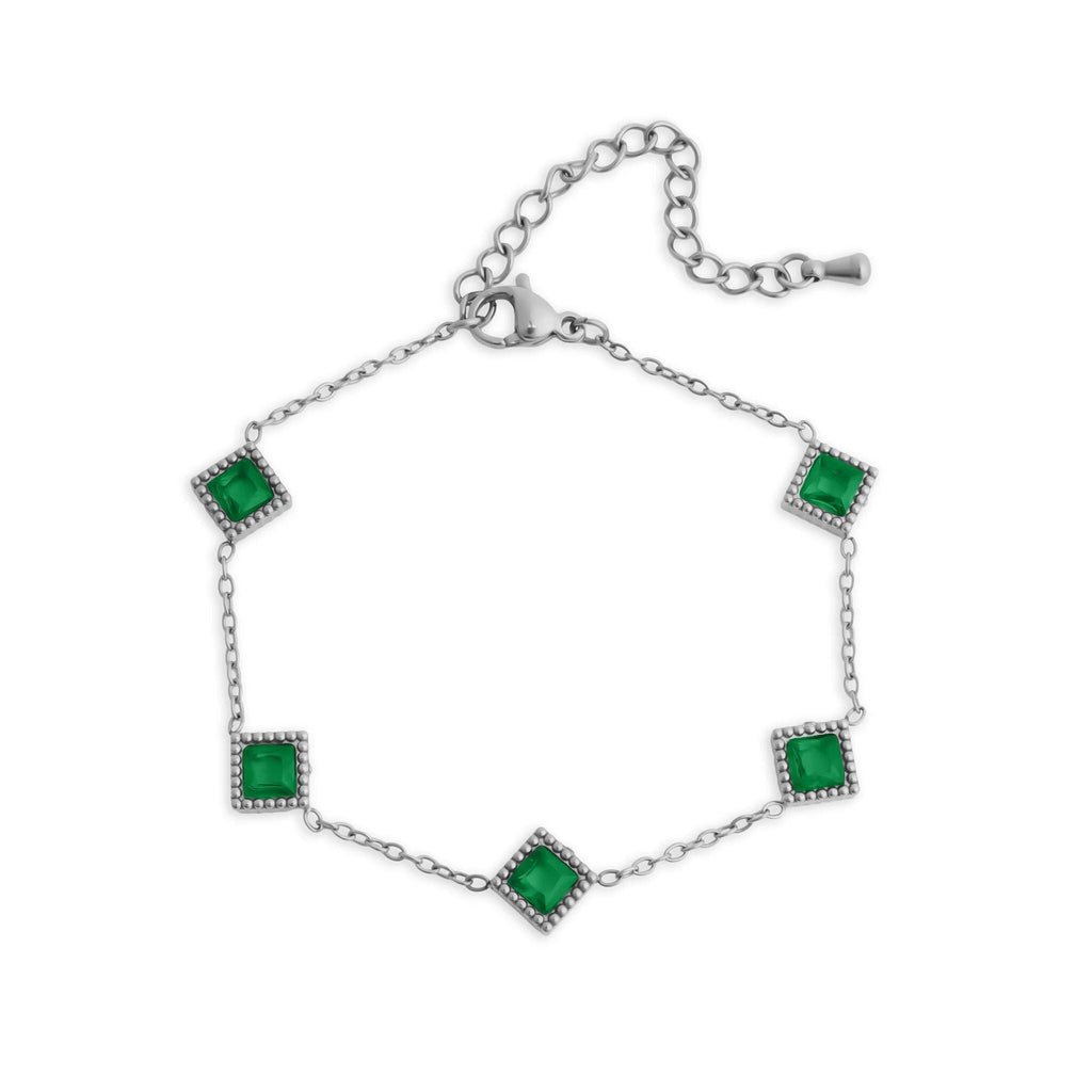 Emerald Stone Bracelet – 18K Gold Stainless Steel Station Bracelet With Adjustable Chain