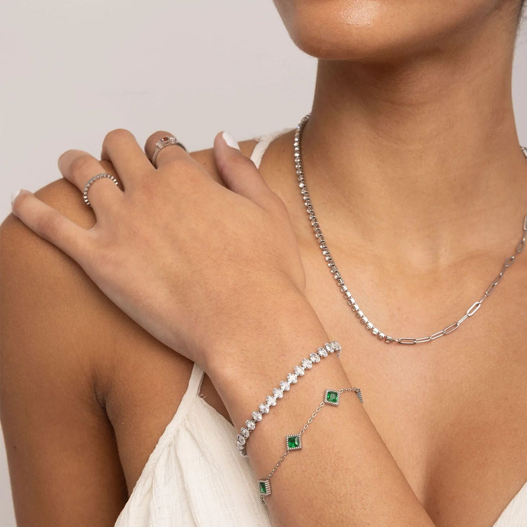 Emerald Stone Bracelet – 18K Gold Stainless Steel Station Bracelet With Adjustable Chain