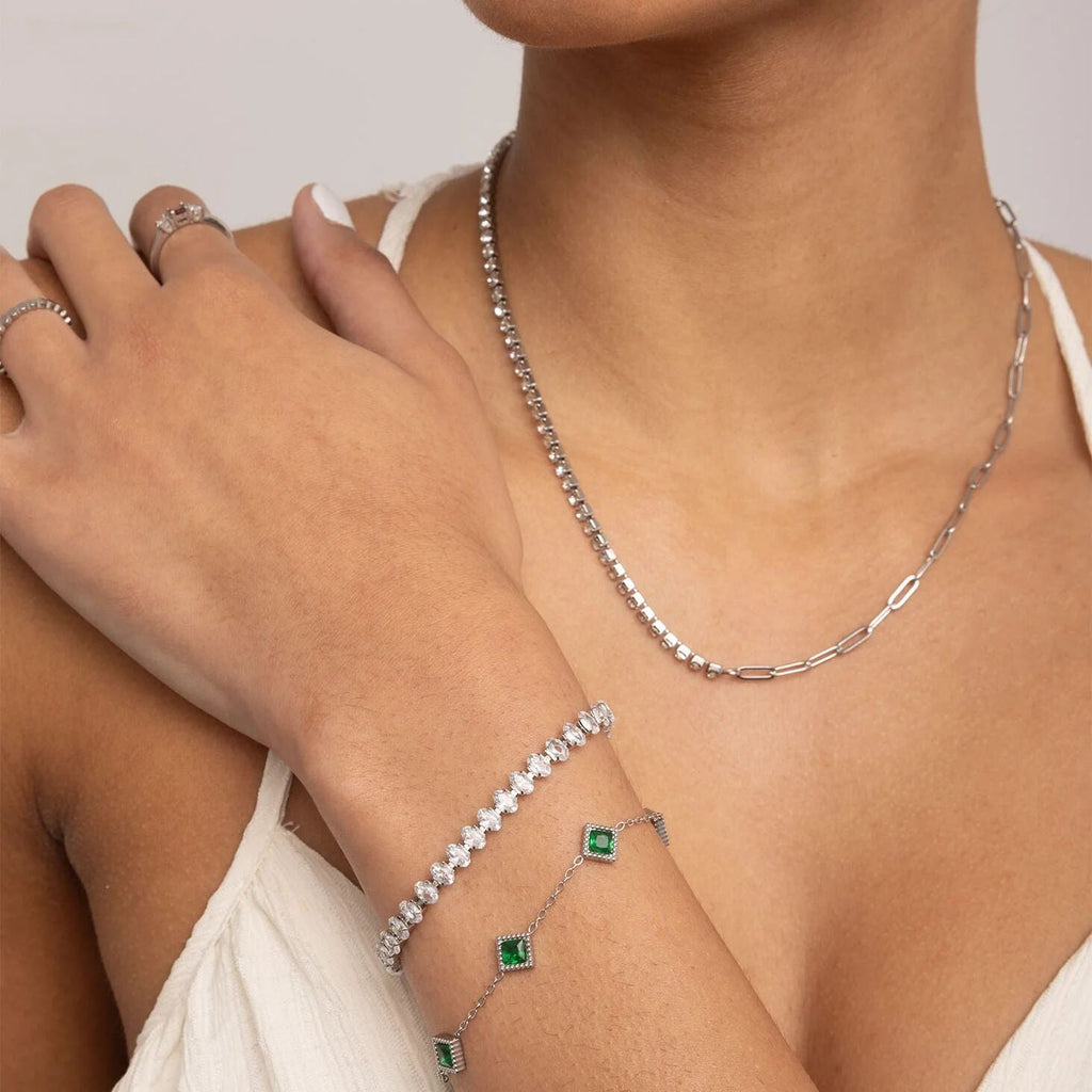 Emerald Stone Bracelet – 18K Gold Stainless Steel Station Bracelet With Adjustable Chain