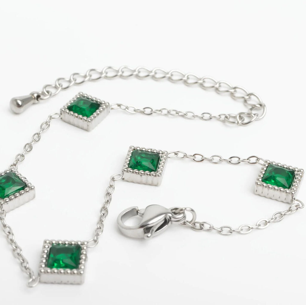 Emerald Stone Bracelet – 18K Gold Stainless Steel Station Bracelet With Adjustable Chain