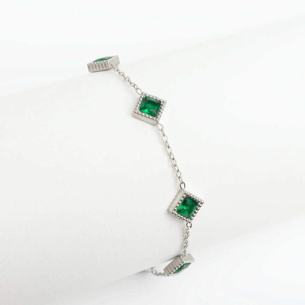 Emerald Stone Bracelet – 18K Gold Stainless Steel Station Bracelet With Adjustable Chain