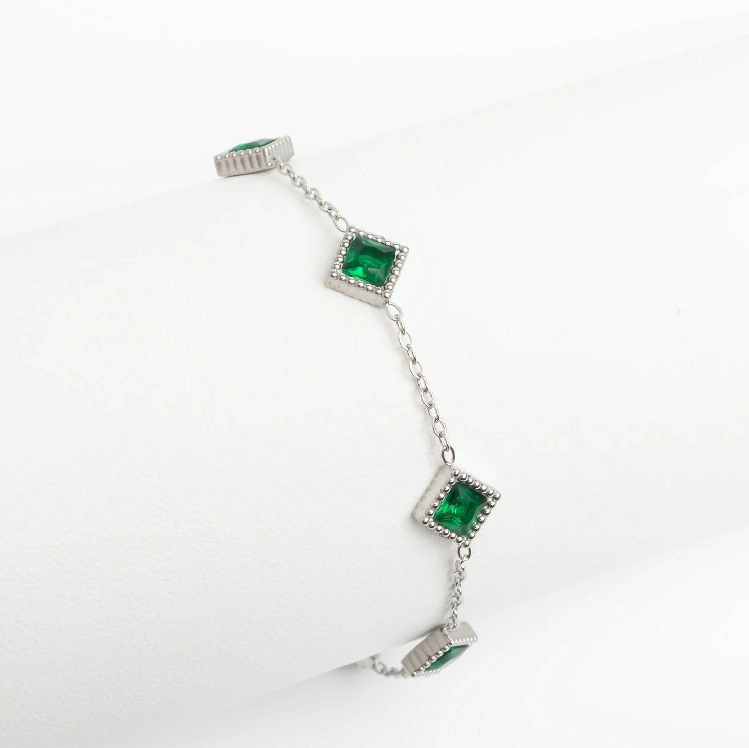 Emerald Stone Bracelet – 18K Gold Stainless Steel Station Bracelet With Adjustable Chain