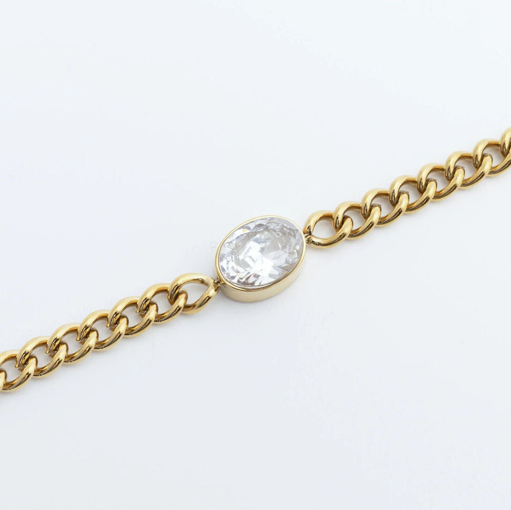 Gold Curb Chain Bracelet – 18K Gold PVD Coated Stainless Steel Oval CZ Stone