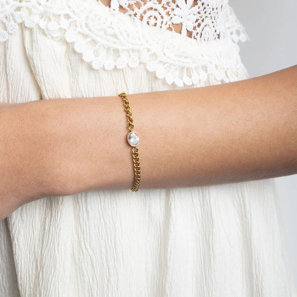 Gold Curb Chain Bracelet – 18K Gold PVD Coated Stainless Steel Oval CZ Stone