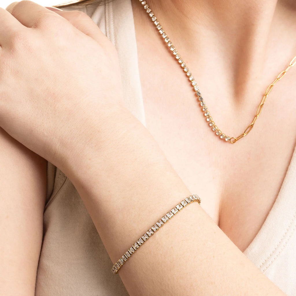 Emerald Cut Tennis Bracelet – 18K Gold PVD Stainless Steel CZ Stone Bracelet