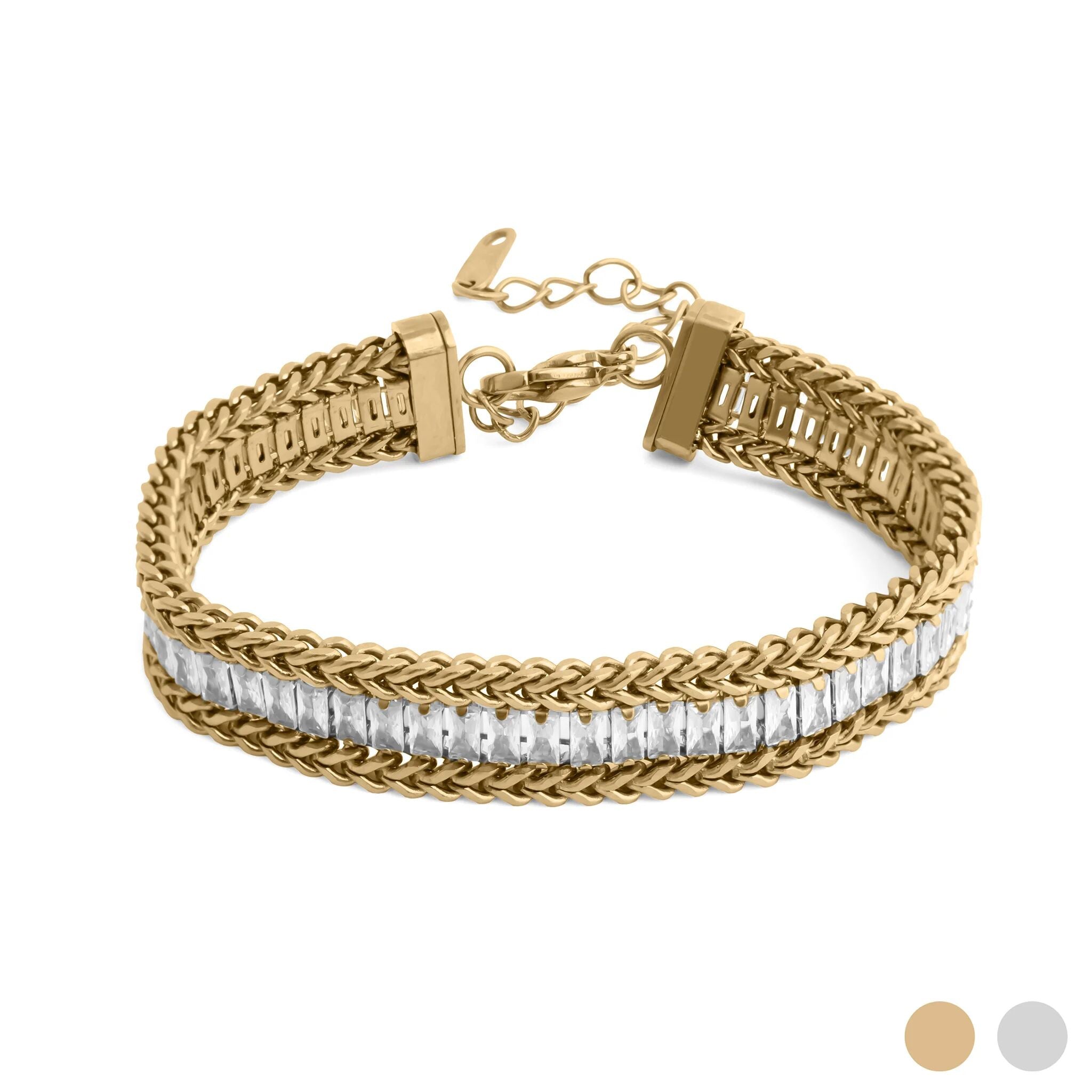18K Gold Tennis Bracelet – Snake Chain Square CZ Stones, Stainless Steel PVD Finish