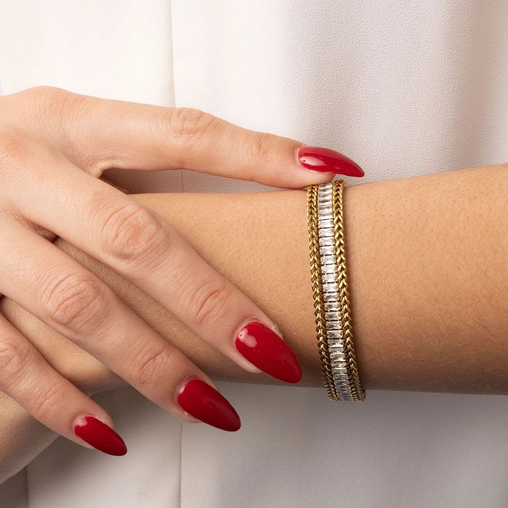 18K Gold Tennis Bracelet – Snake Chain Square CZ Stones, Stainless Steel PVD Finish