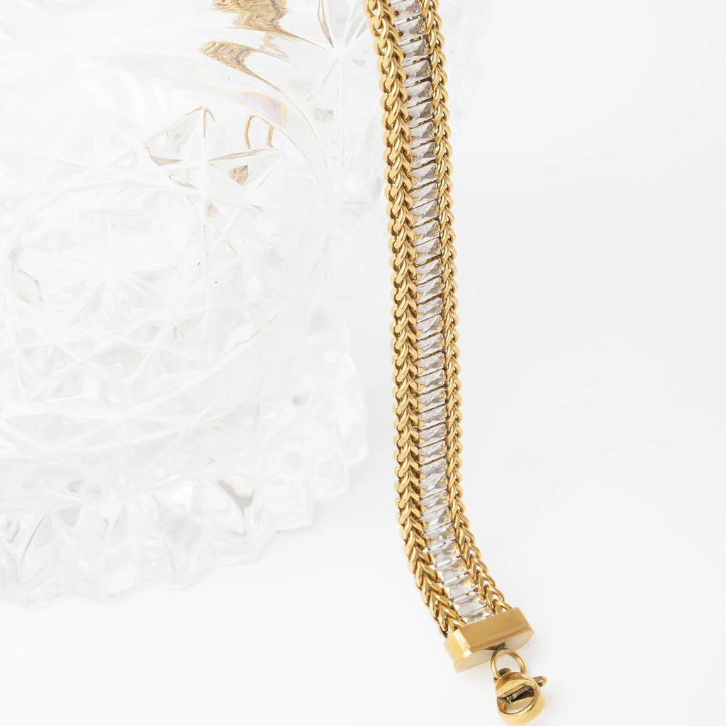 18K Gold Tennis Bracelet – Snake Chain Square CZ Stones, Stainless Steel PVD Finish