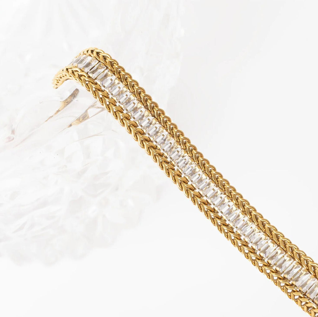 18K Gold Tennis Bracelet – Snake Chain Square CZ Stones, Stainless Steel PVD Finish