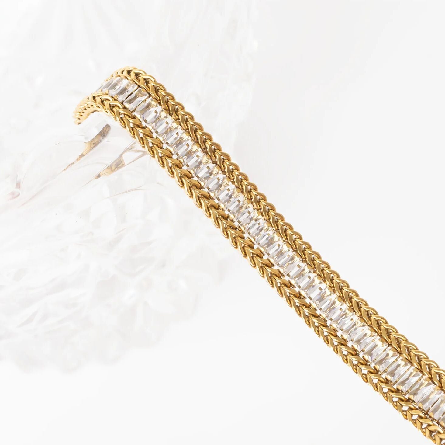 18K Gold Tennis Bracelet – Snake Chain Square CZ Stones, Stainless Steel PVD Finish