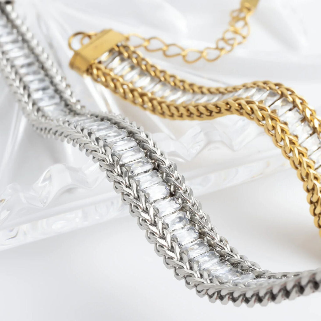 18K Gold Tennis Bracelet – Snake Chain Square CZ Stones, Stainless Steel PVD Finish