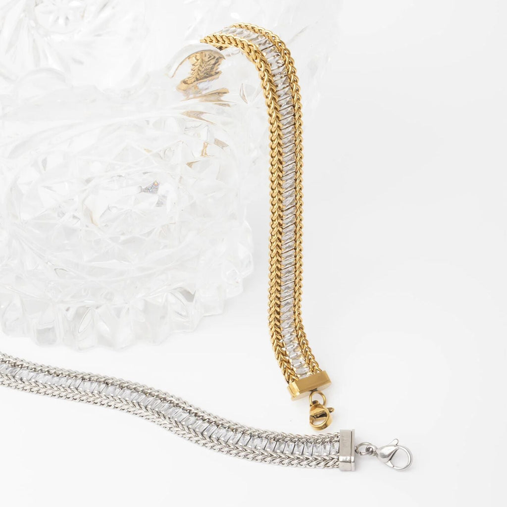 18K Gold Tennis Bracelet – Snake Chain Square CZ Stones, Stainless Steel PVD Finish