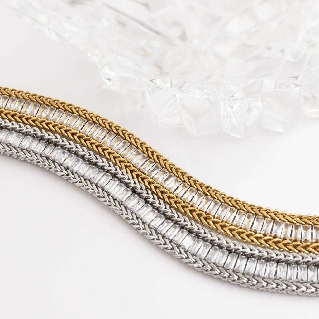 18K Gold Tennis Bracelet – Snake Chain Square CZ Stones, Stainless Steel PVD Finish