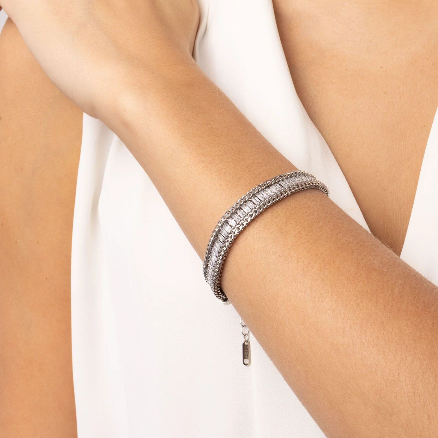 18K Gold Tennis Bracelet – Snake Chain Square CZ Stones, Stainless Steel PVD Finish