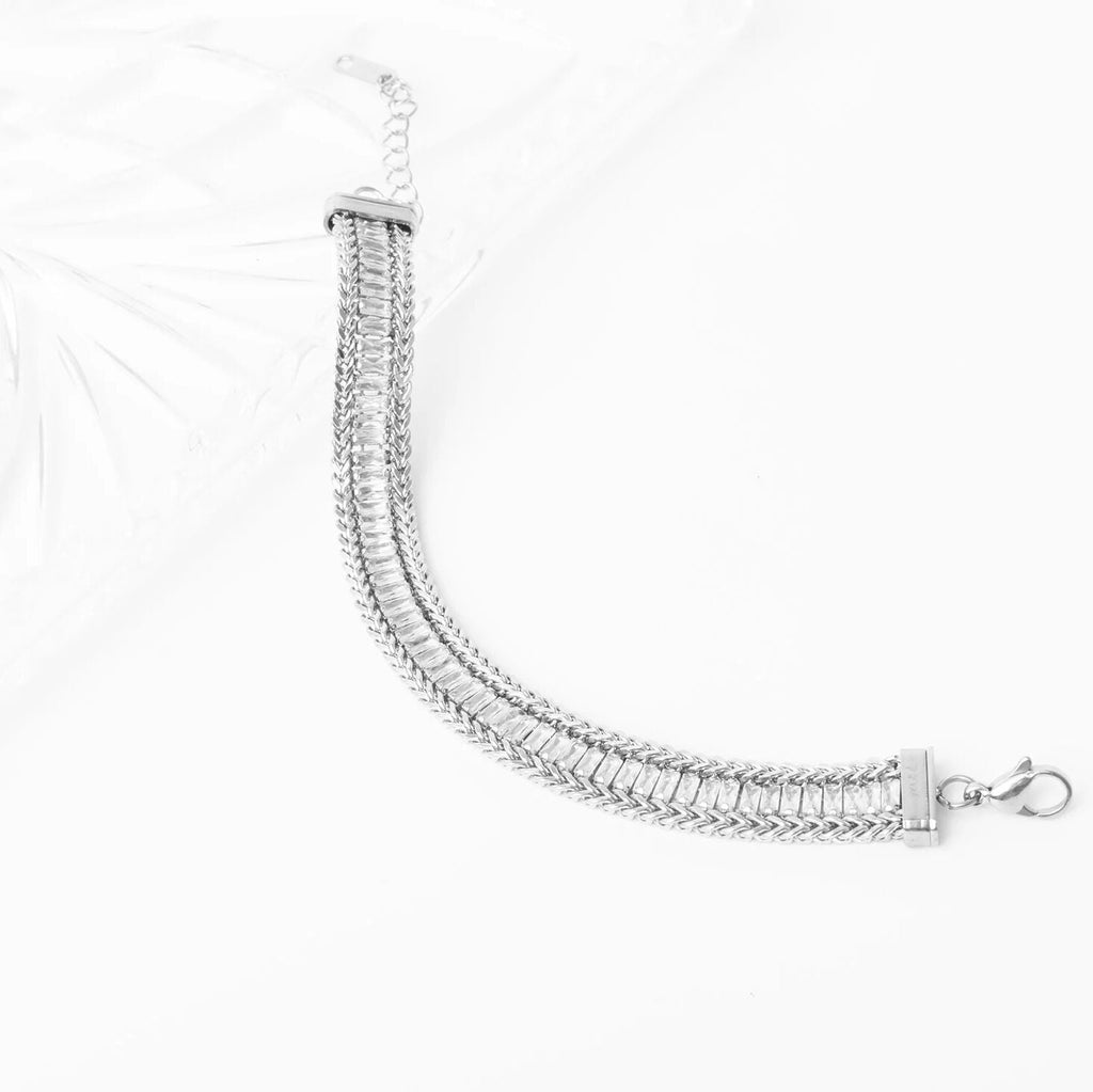 18K Gold Tennis Bracelet – Snake Chain Square CZ Stones, Stainless Steel PVD Finish