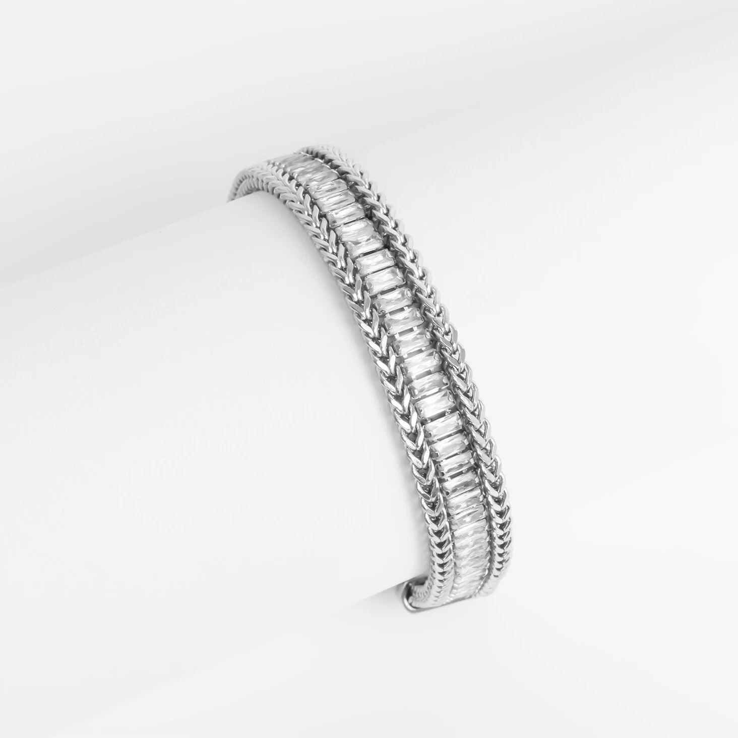 18K Gold Tennis Bracelet – Snake Chain Square CZ Stones, Stainless Steel PVD Finish