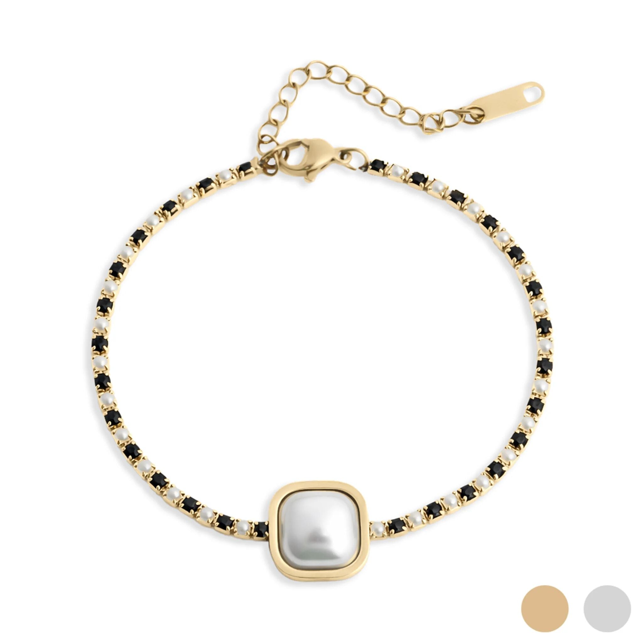 18K Gold Pearl Bracelet – Two Tone Stainless Steel Jewelry with Pearl Center Stone