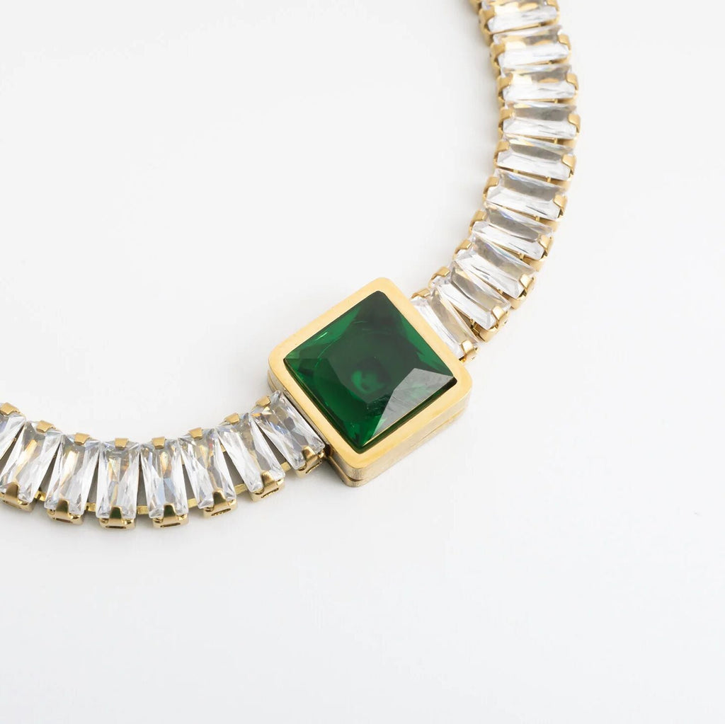 Emerald Tennis Bracelet – 18K Gold PVD Stainless Steel Square Cut Gemstone Chain