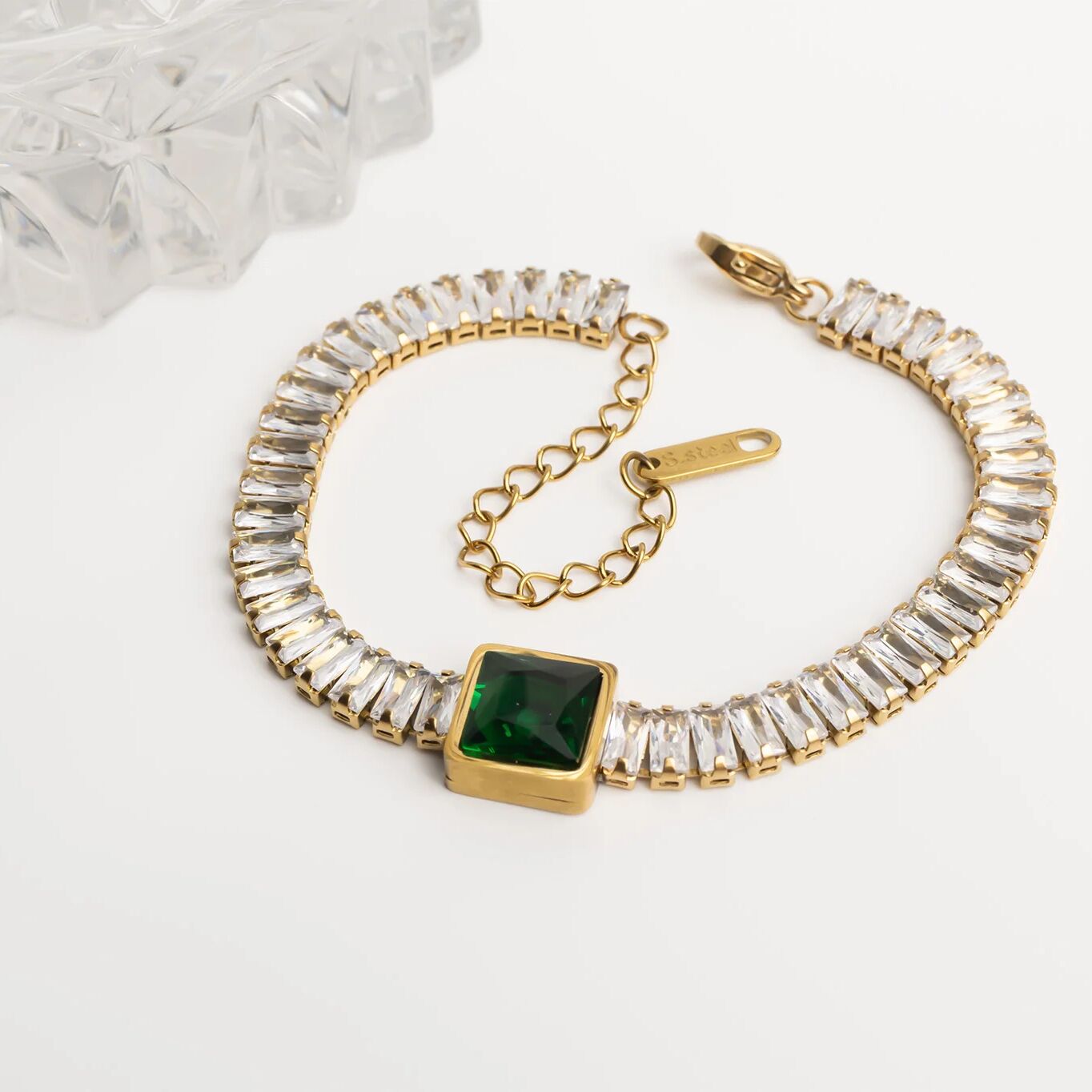 Emerald Tennis Bracelet – 18K Gold PVD Stainless Steel Square Cut Gemstone Chain