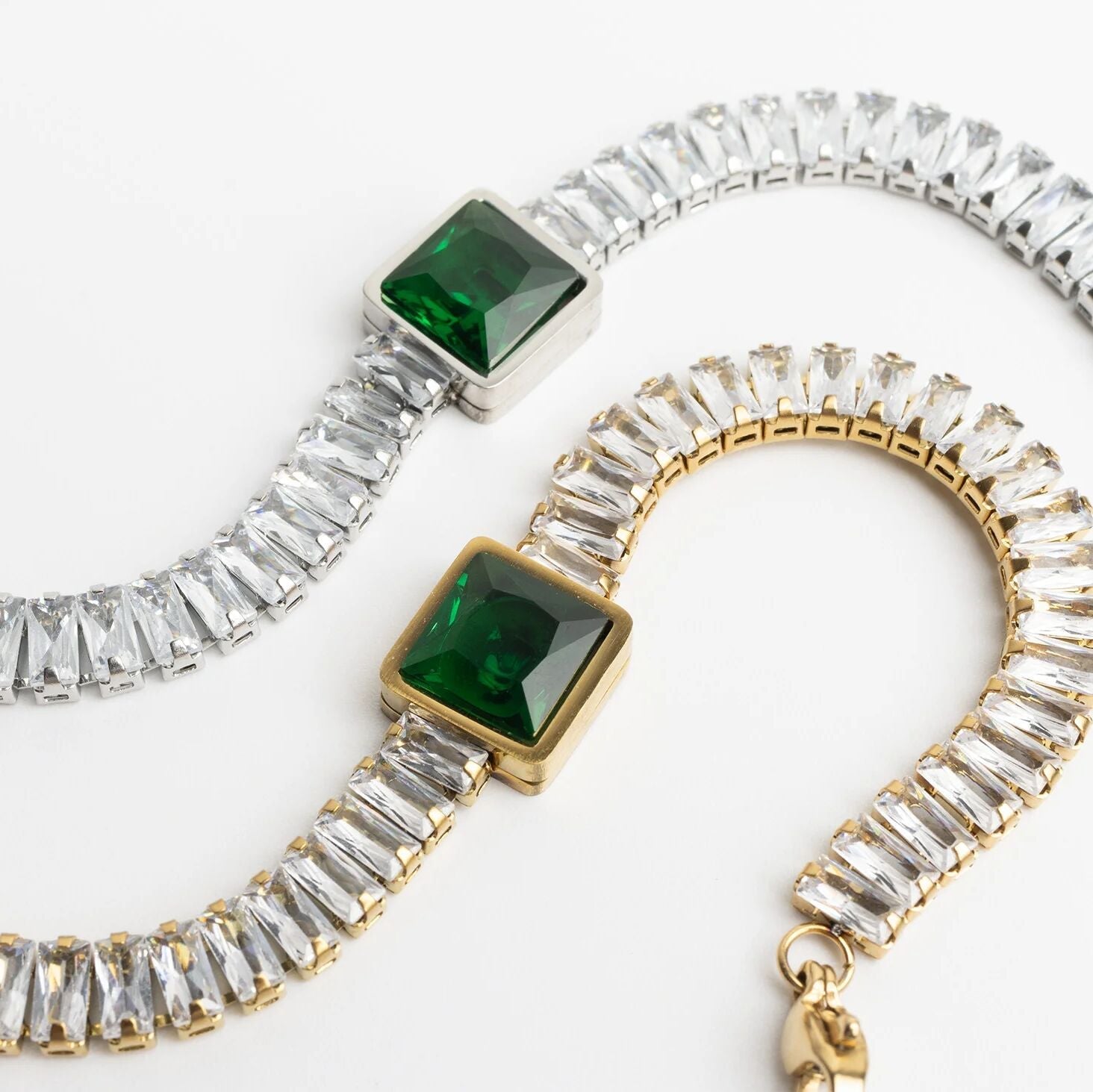 Emerald Tennis Bracelet – 18K Gold PVD Stainless Steel Square Cut Gemstone Chain