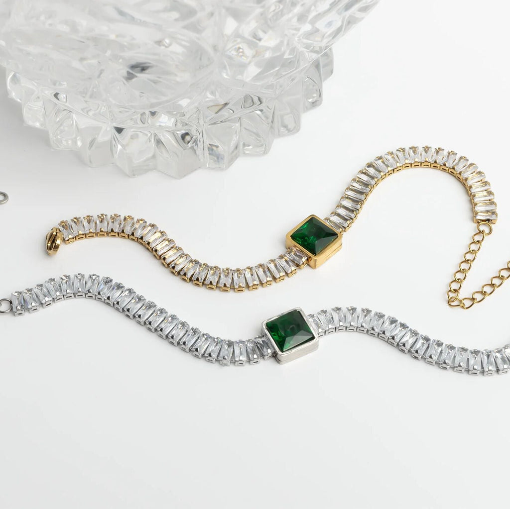 Emerald Tennis Bracelet – 18K Gold PVD Stainless Steel Square Cut Gemstone Chain