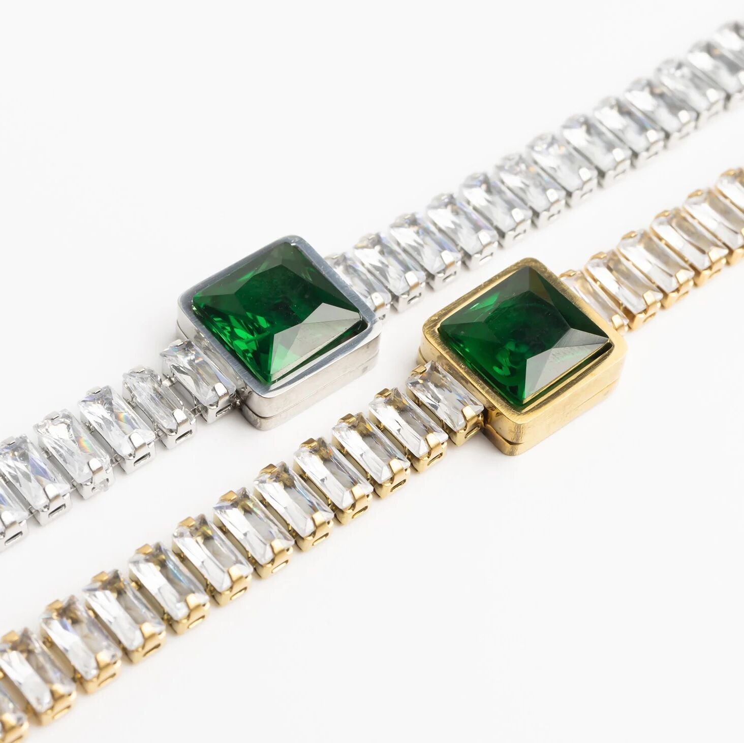 Emerald Tennis Bracelet – 18K Gold PVD Stainless Steel Square Cut Gemstone Chain
