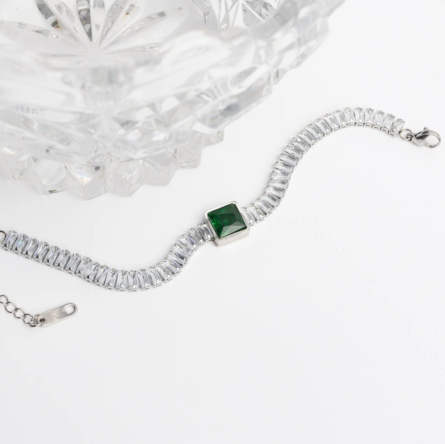 Emerald Tennis Bracelet – 18K Gold PVD Stainless Steel Square Cut Gemstone Chain