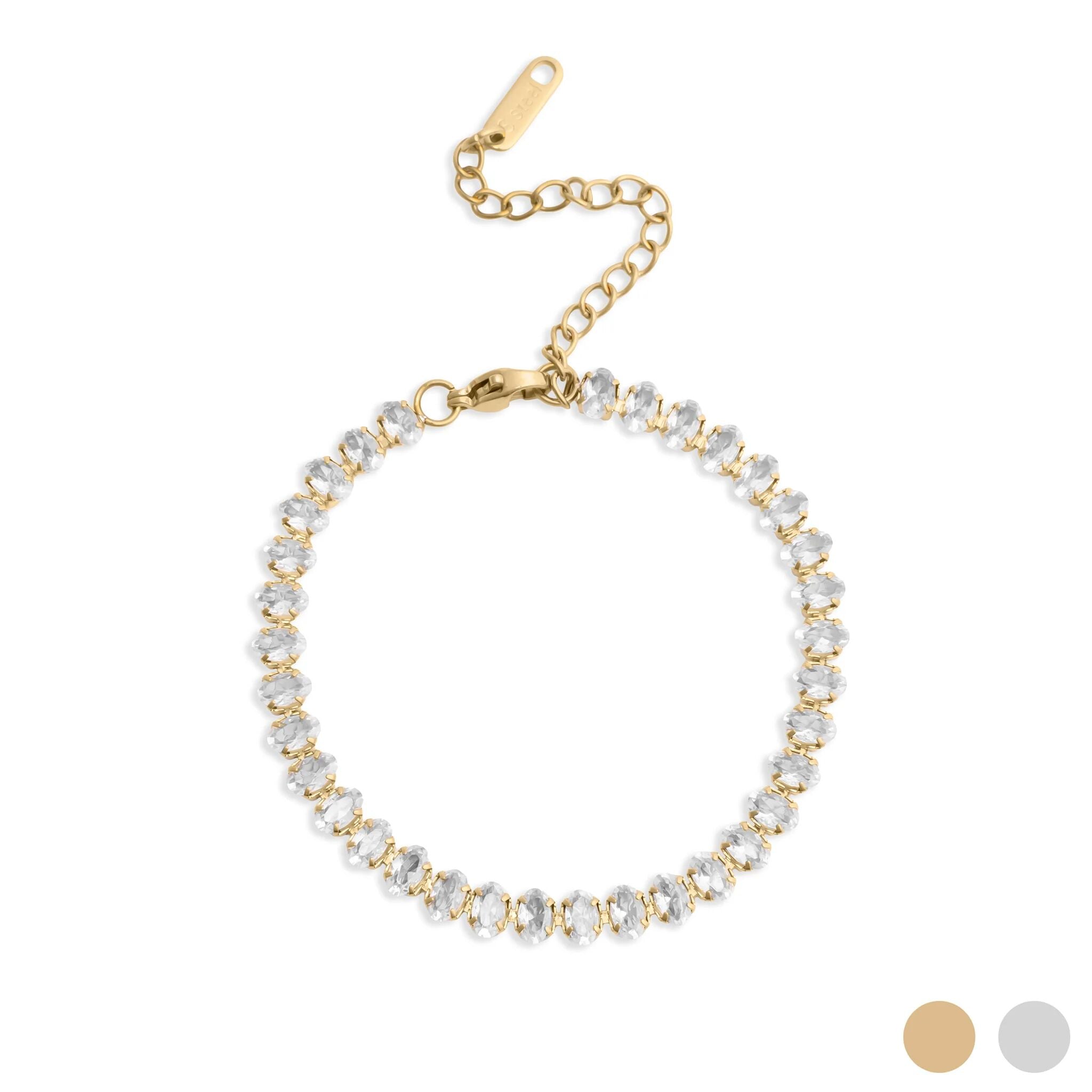18K Gold Tennis Bracelet – Adjustable Oval CZ Chain | Stainless Steel Jewelry