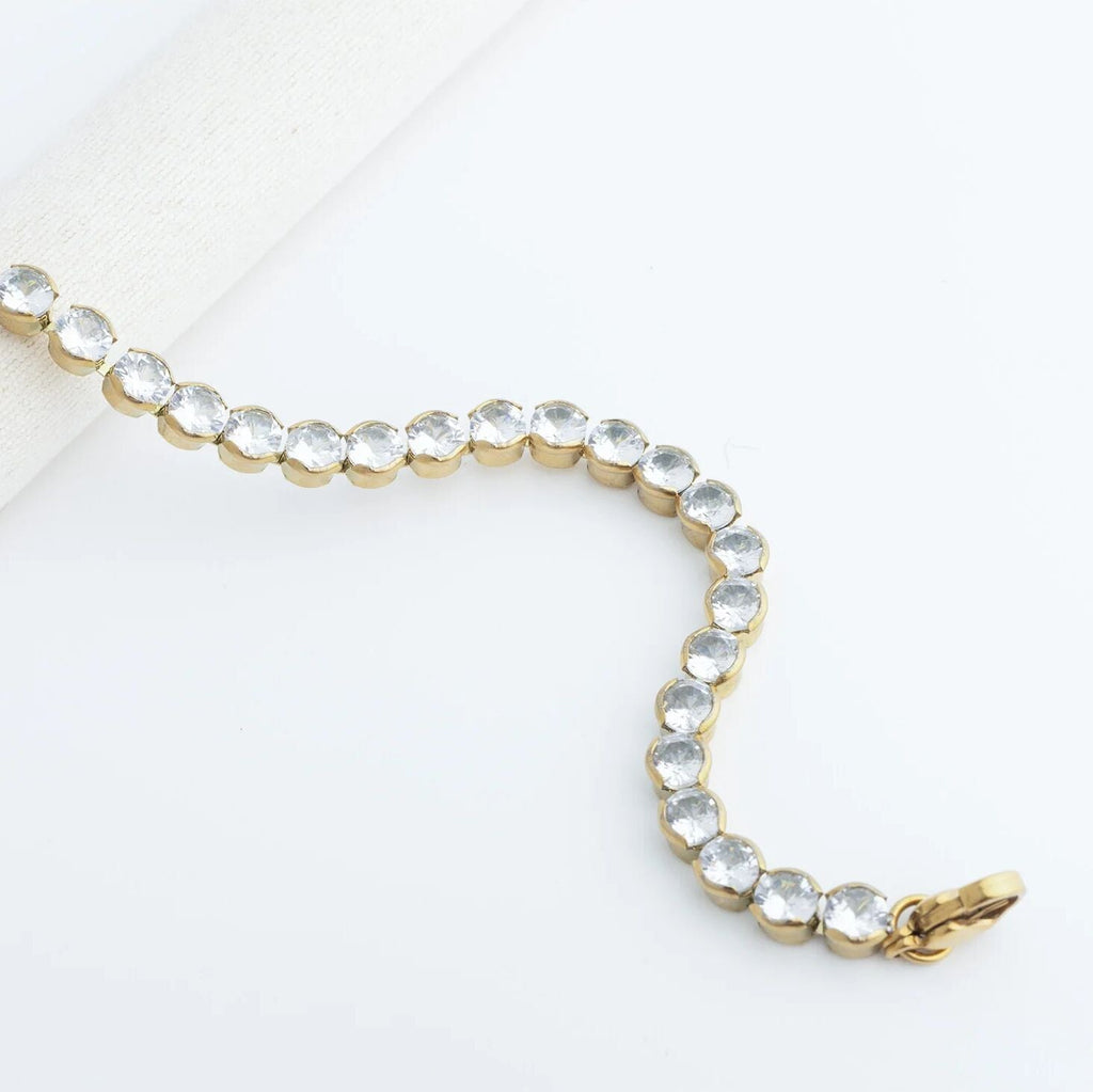 18K Gold Tennis Bracelet - Stainless Steel CZ Round Stone Chain With Secure Box Clasp