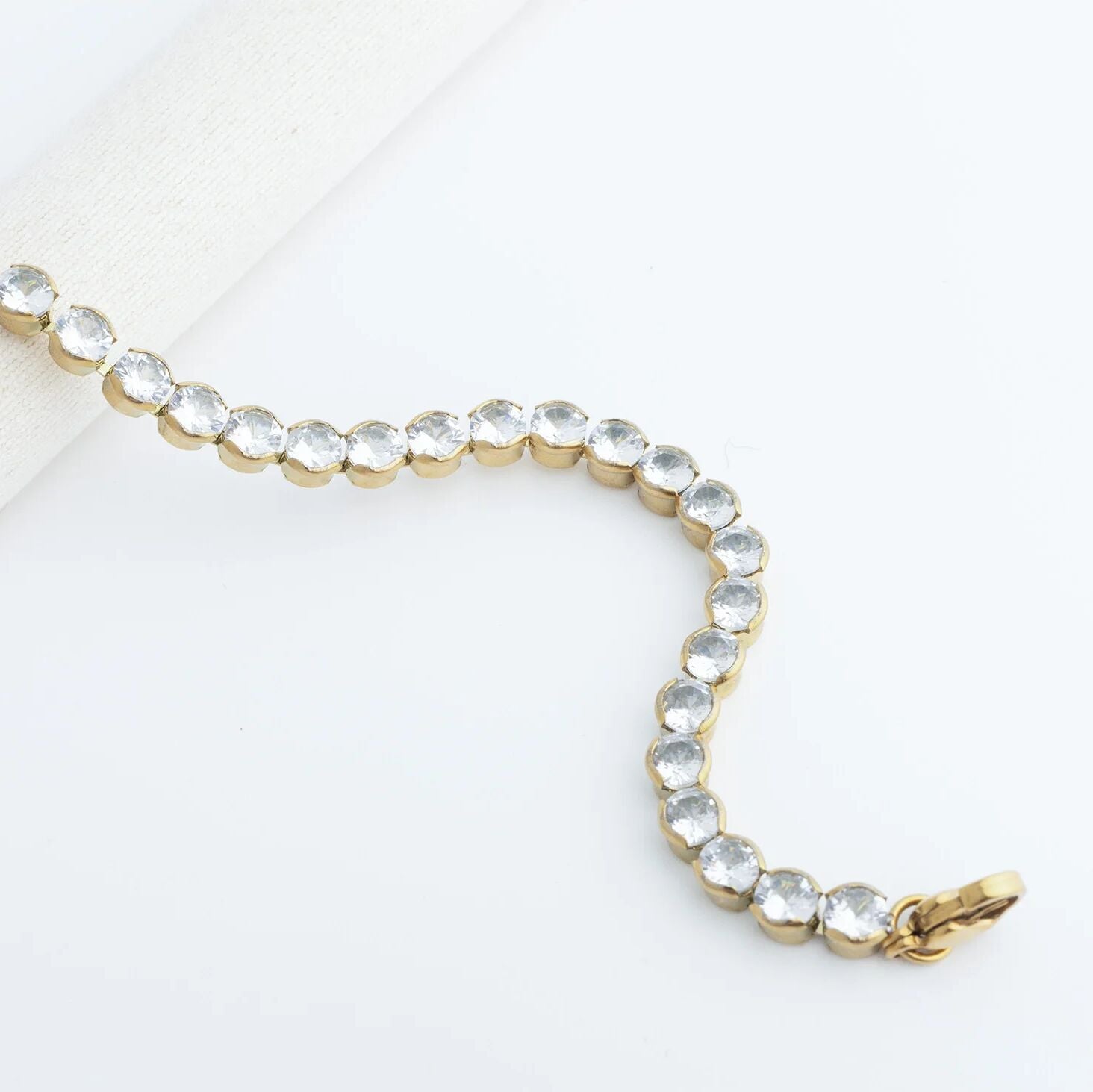 18K Gold Tennis Bracelet - Stainless Steel CZ Round Stone Chain With Secure Box Clasp