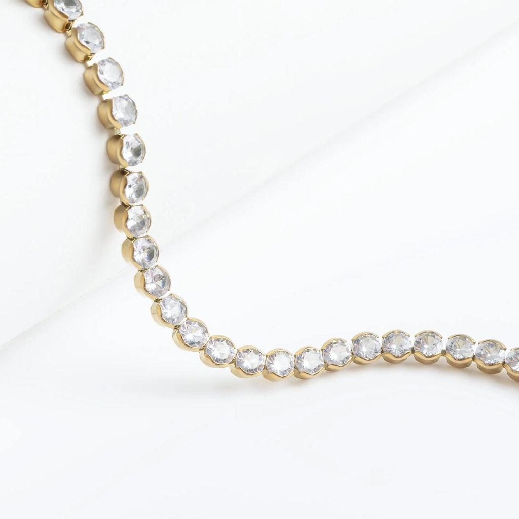 18K Gold Tennis Bracelet - Stainless Steel CZ Round Stone Chain With Secure Box Clasp